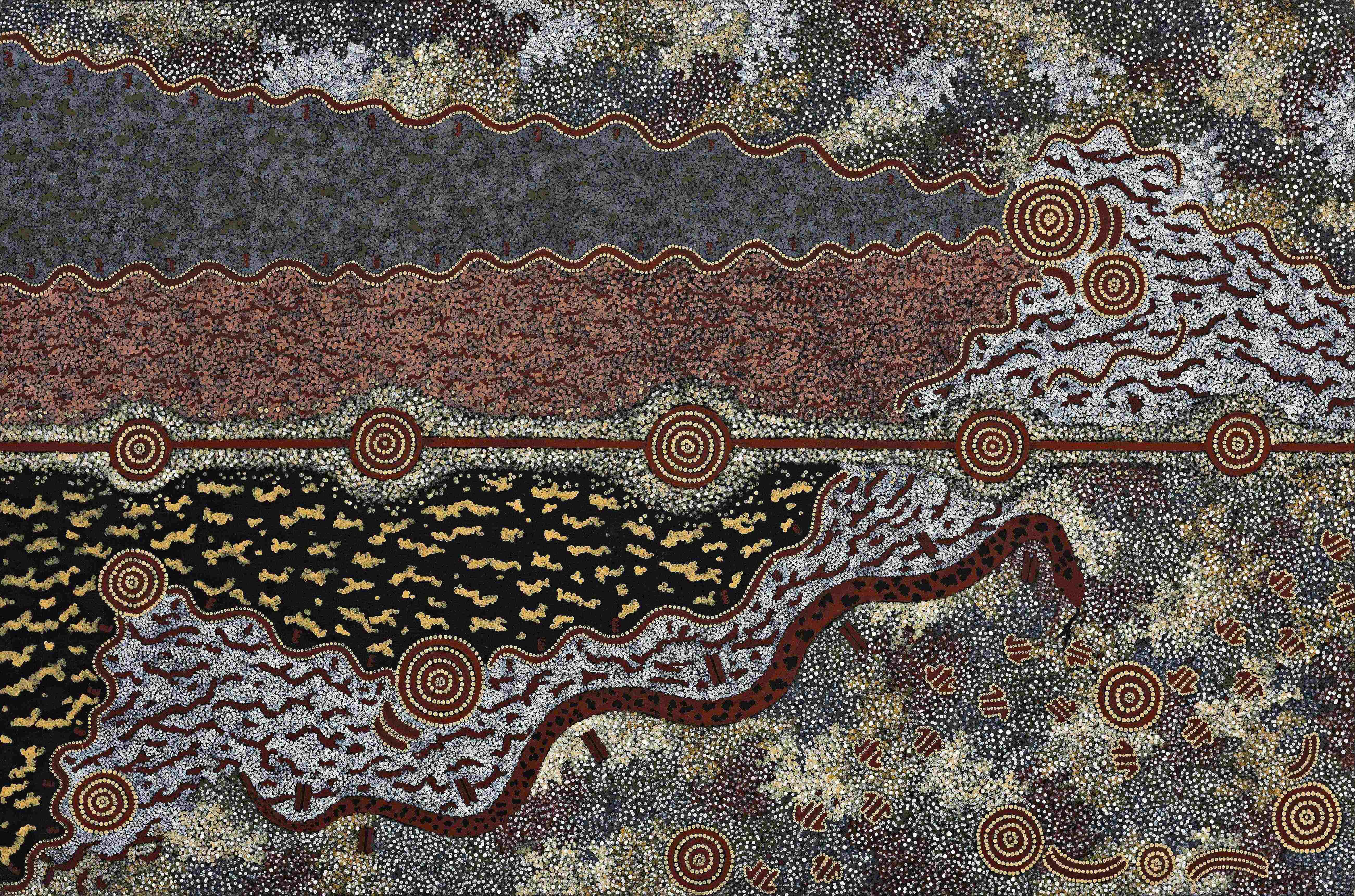 Abstract Indigenous Australian painting with dot patterns, wavy lines, and circular motifs in gray, red, and black tones.