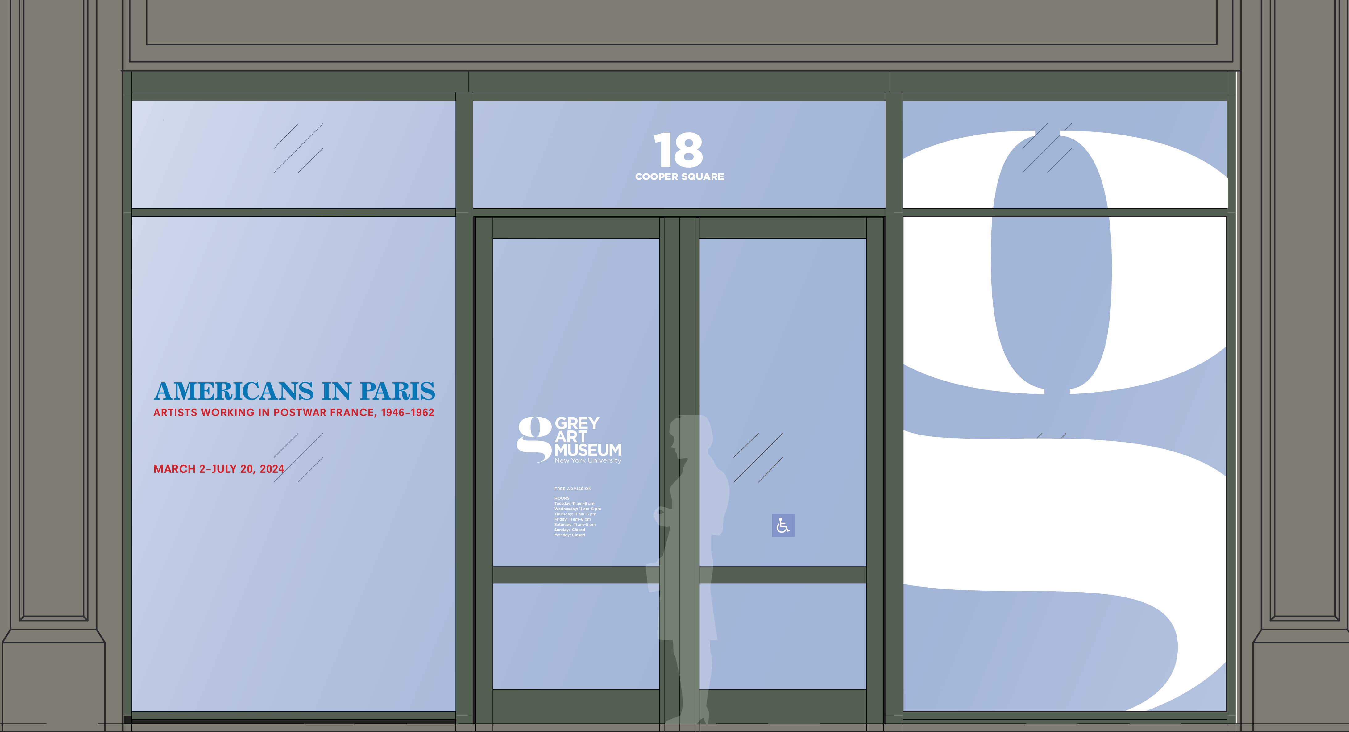 Architect's digital rendering of facade of the Grey Art Museum with graphic building number, museum logo, museum name, hours, and exhibition title and dates on the glass doors and windows.