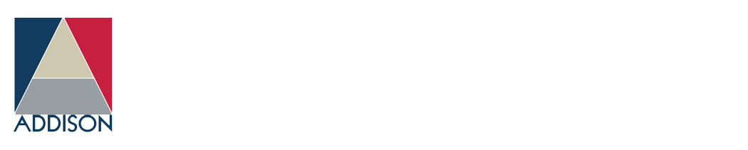 A geometric logo with a central beige triangle, surrounded by blue and red shapes, and "ADDISON" written below.