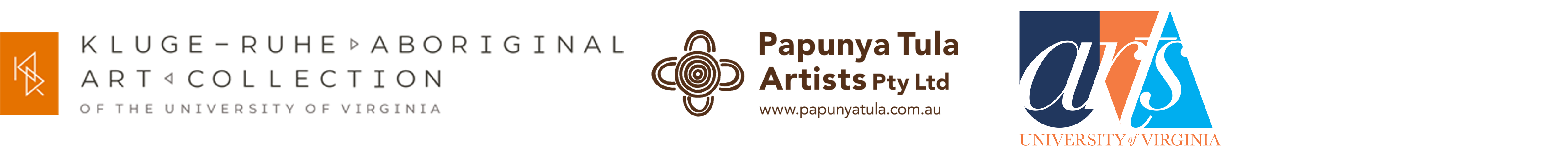 Three logos of Kluge-Ruhe Aboriginal Art Collection, Papunya Tula Artists, and University of Virginia Arts.