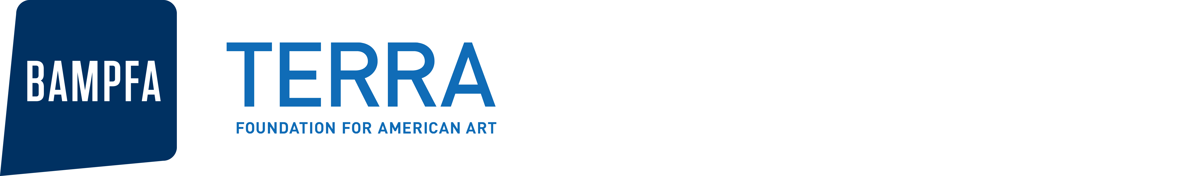 On the left, a deep blue rectangle with rounded corners contains the white text "BAMPFA." To the right, the word "TERRA" is written in bold blue letters. Below "TERRA," in smaller font, it reads "FOUNDATION FOR AMERICAN ART" in blue.
