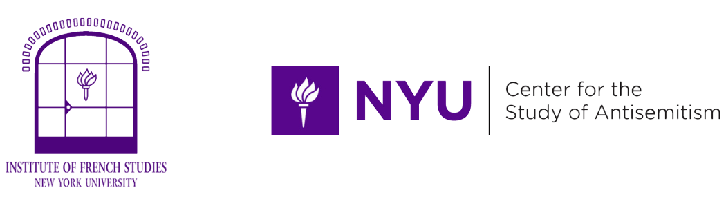 Purple logo for the Institute of French Studies at New York University comprising a torch icon appearing in a gridded, arched window. Next to it is a violet logo for NYU's Center for the Study of Antisemitism, also with a torch logo.