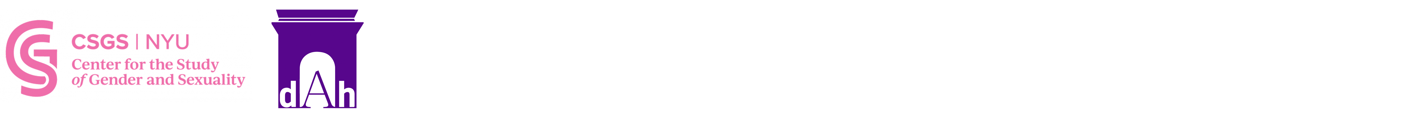 Logo for CSGS, or, Center for the Study of Gender and Sexuality NYU, with pink text and an abstract curvilinear pink icon, next to logo for Department of Art History, NYU, with purple icon featuring the letters "dah" under an architectural arch