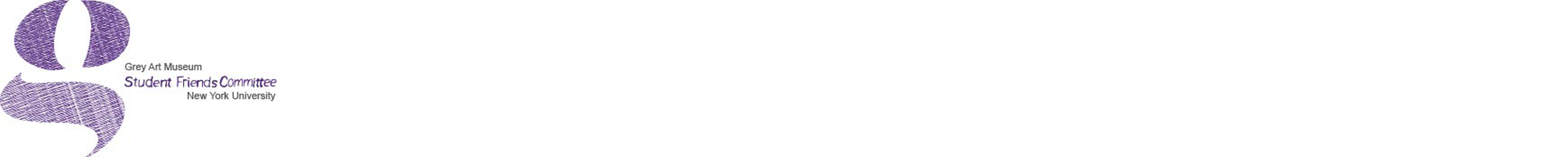 Logo for Grey Art Museum Student Friends Committee at New York University with black and purple text and a large calligraphic g logo