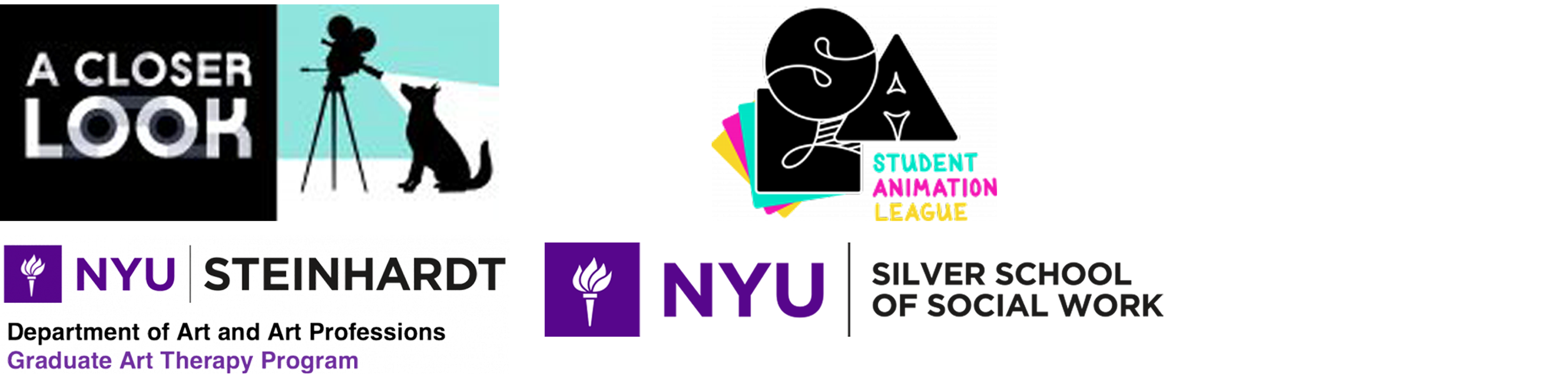 The image contains four distinct logos placed together.  The first logo, in the top-left corner, reads "A CLOSER LOOK" in large, bold, uppercase letters. Beside it, there is a silhouette graphic of a person operating a vintage film camera next to a cat, both in black against a teal background.  The second logo, at the top-right, features stylized uppercase letters "SA" with the words "STUDENT ANIMATION LEAGUE" beneath in a vibrant color scheme, using white, blue, pink, and yellow. There is also a backdrop of colorful geometric shapes.  The third logo, at the bottom left, represents NYU Steinhardt, showing a purple torch icon alongside "NYU | STEINHARDT" in uppercase letters. Below, it reads, "Department of Art and Art Professions Graduate Art Therapy Program" in black and purple text.  The fourth logo, at the bottom right, shows another NYU emblem, the purple torch, followed by "NYU" and "SILVER SCHOOL OF SOCIAL WORK" in a simple, modern font.