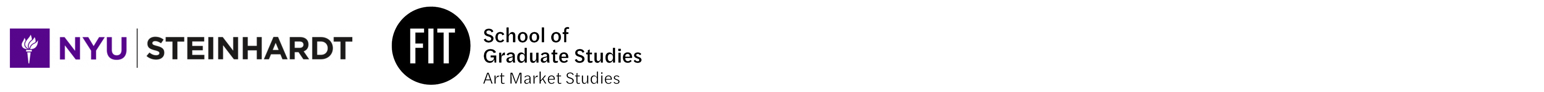 Logo for NYU Steinhardt with black and purple text and purple torch icon, next to logo for FIT School of Graduate Studies, Art Market Studies, with icon featuring white text saying "FIT" on black circular background